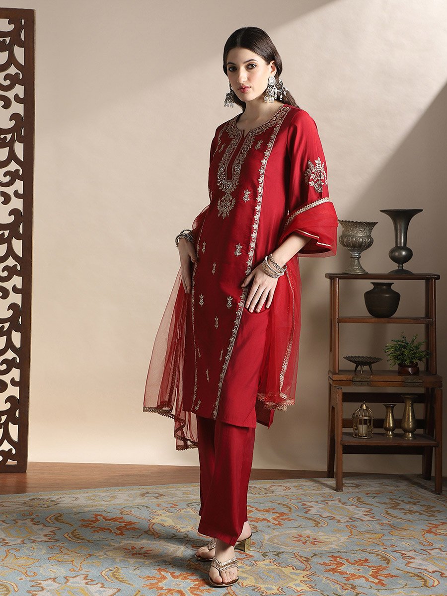 Embroidered Yoke Zari Work Straight Kurta, Pants and Dupatta Festive Set
