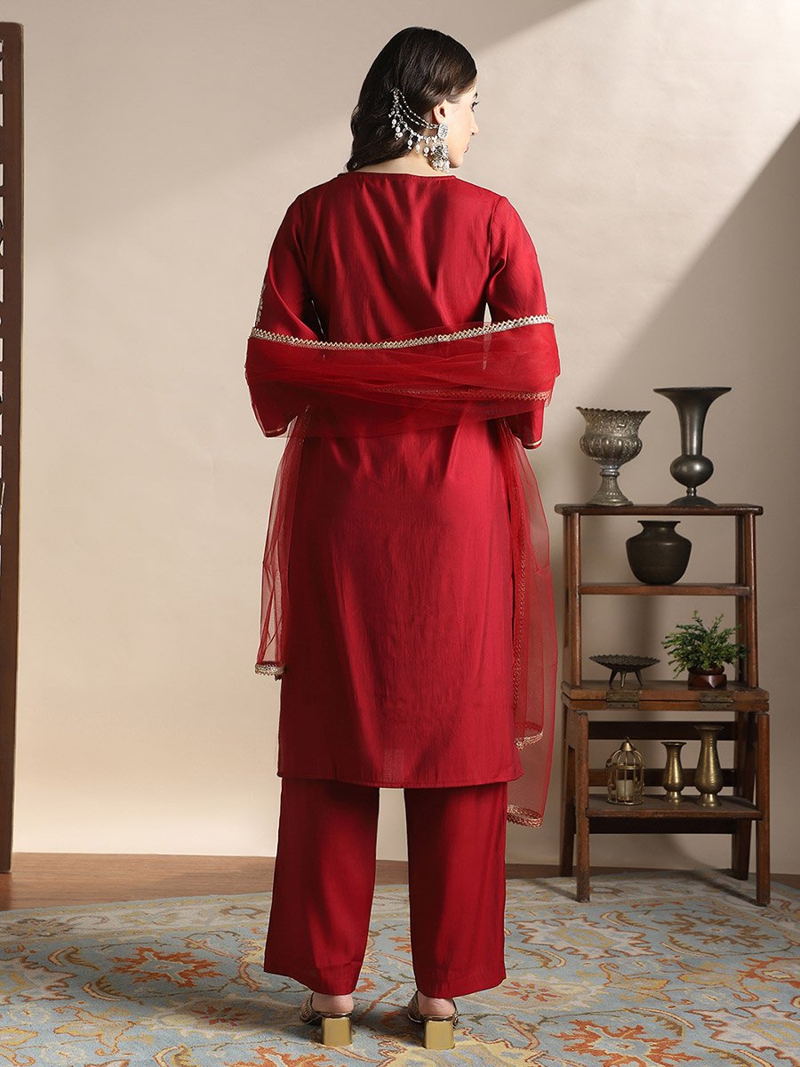 Embroidered Yoke Zari Work Straight Kurta, Pants and Dupatta Festive Set