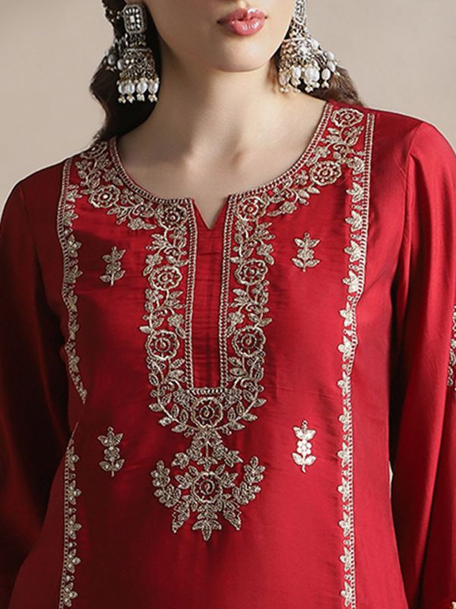 Embroidered Yoke Zari Work Straight Kurta, Pants and Dupatta Festive Set