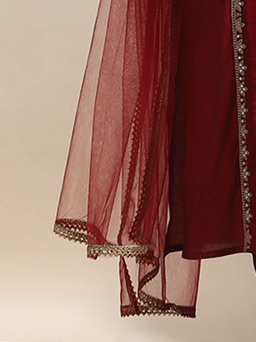 Embroidered Yoke Zari Work Straight Kurta, Pants and Dupatta Festive Set