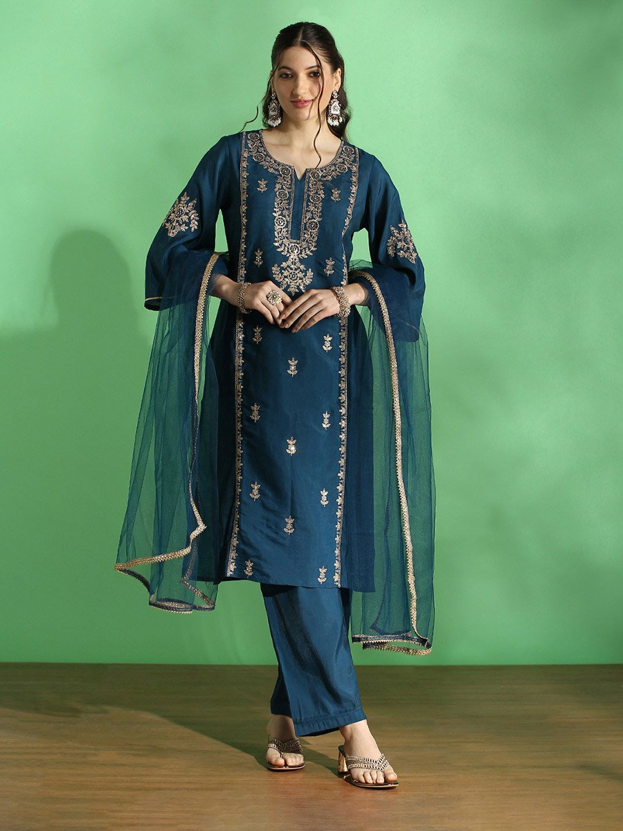 Embroidered Yoke Zari Work Straight Kurta, Pants and Dupatta Festive Set