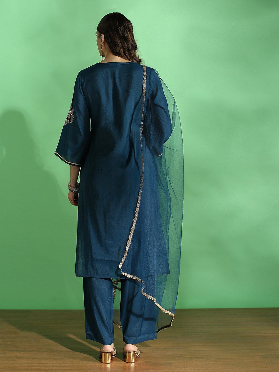 Embroidered Yoke Zari Work Straight Kurta, Pants and Dupatta Festive Set