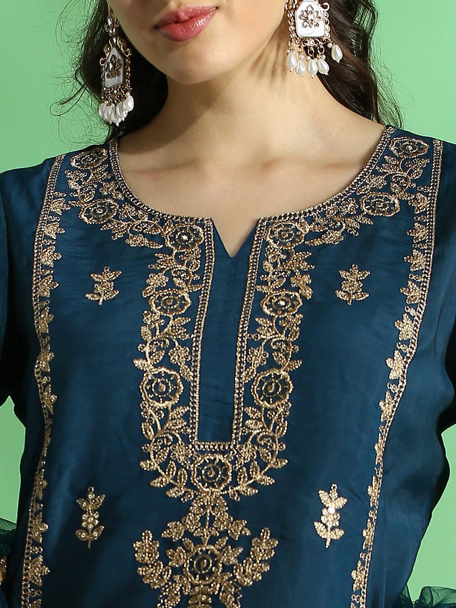 Embroidered Yoke Zari Work Straight Kurta, Pants and Dupatta Festive Set