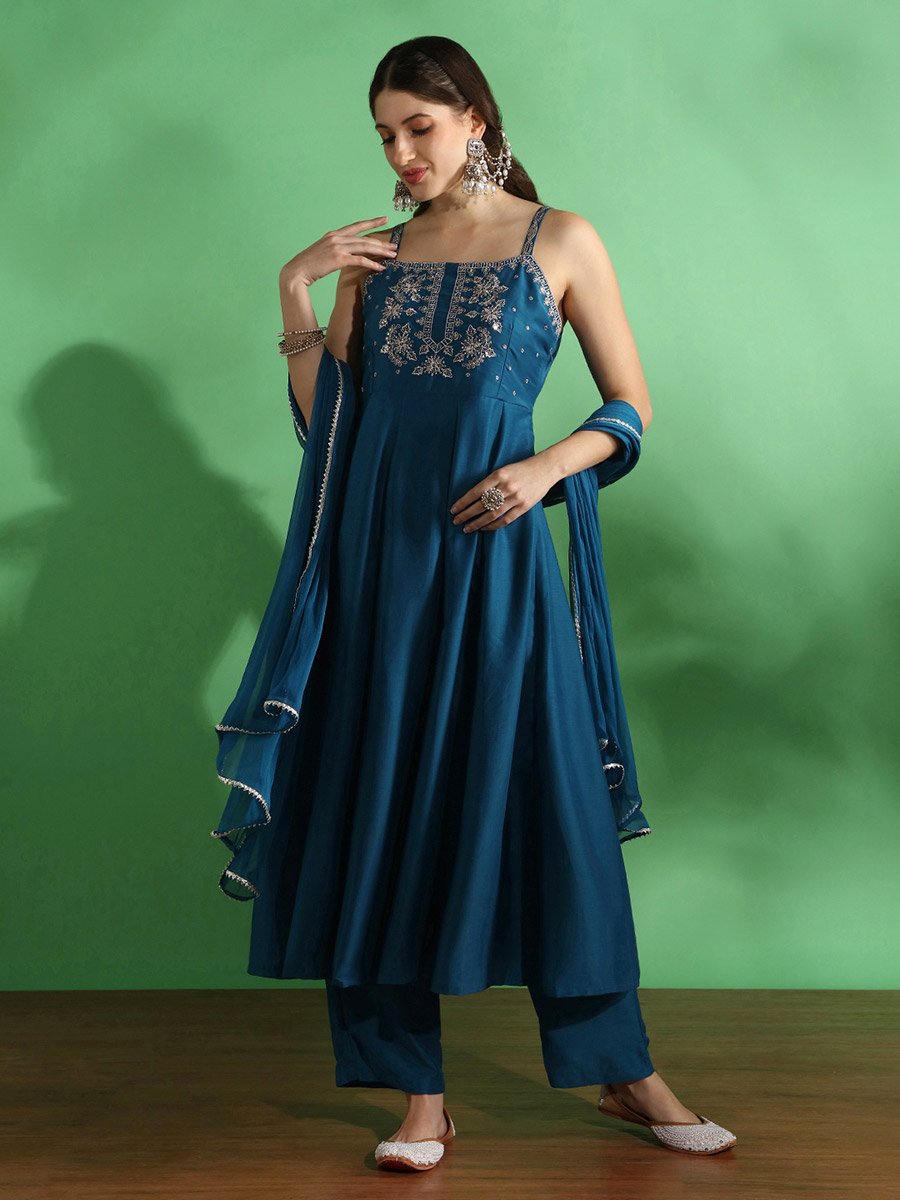 Sequin Yoke Square Neck Anarkali Kurta, Pants and Dupatta Set