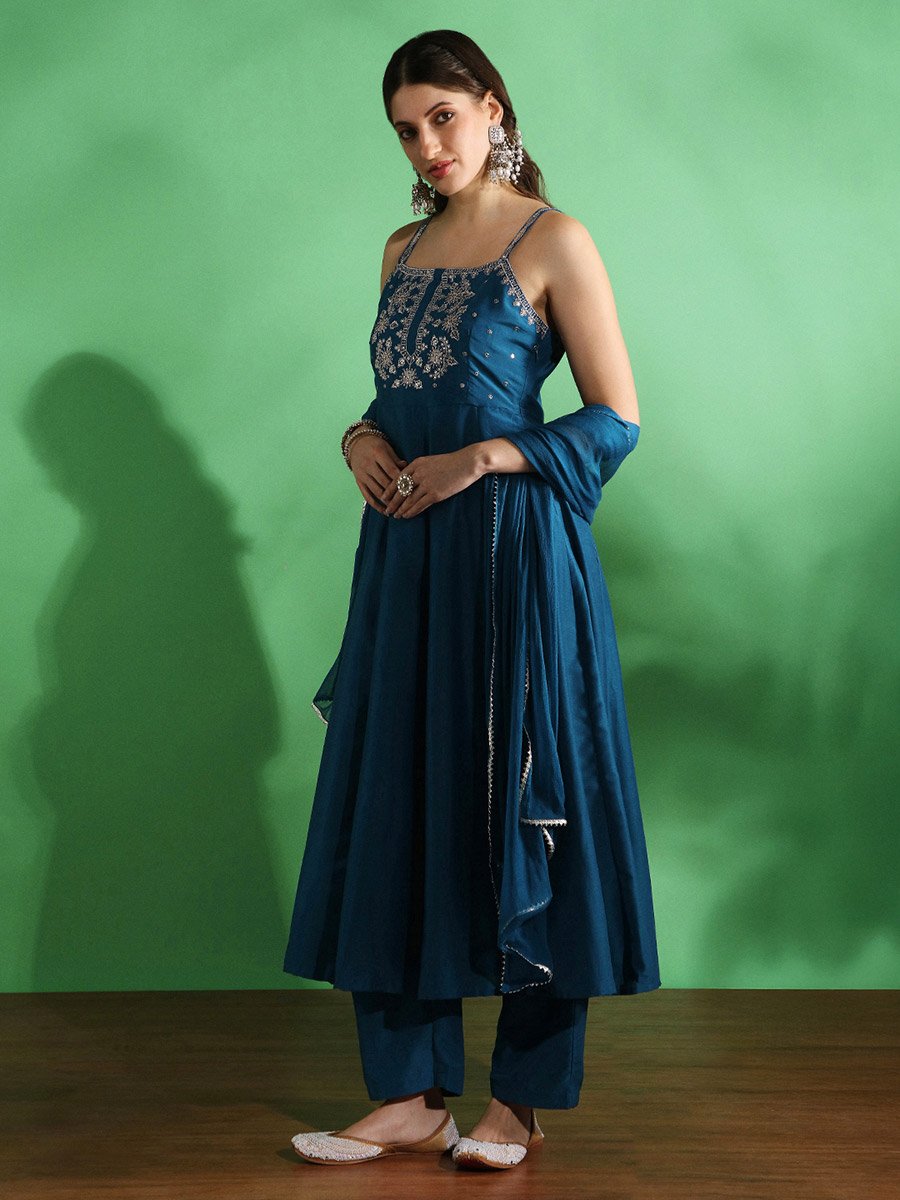Sequin Yoke Square Neck Anarkali Kurta, Pants and Dupatta Set