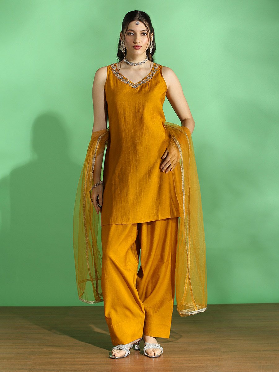 Embroidered V Neck Kurta, Wide Leg Pants and Dupatta Set