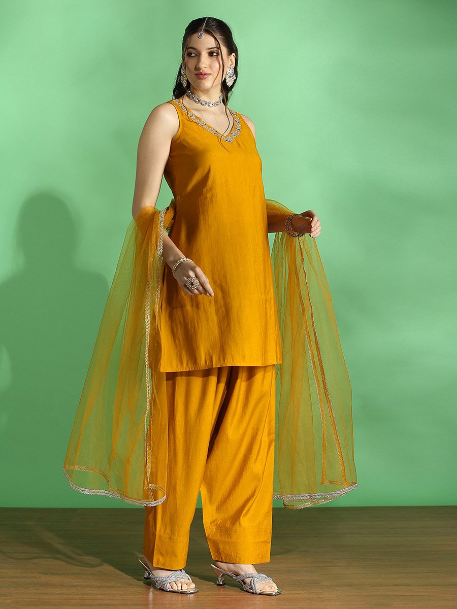 Embroidered V Neck Kurta, Wide Leg Pants and Dupatta Set