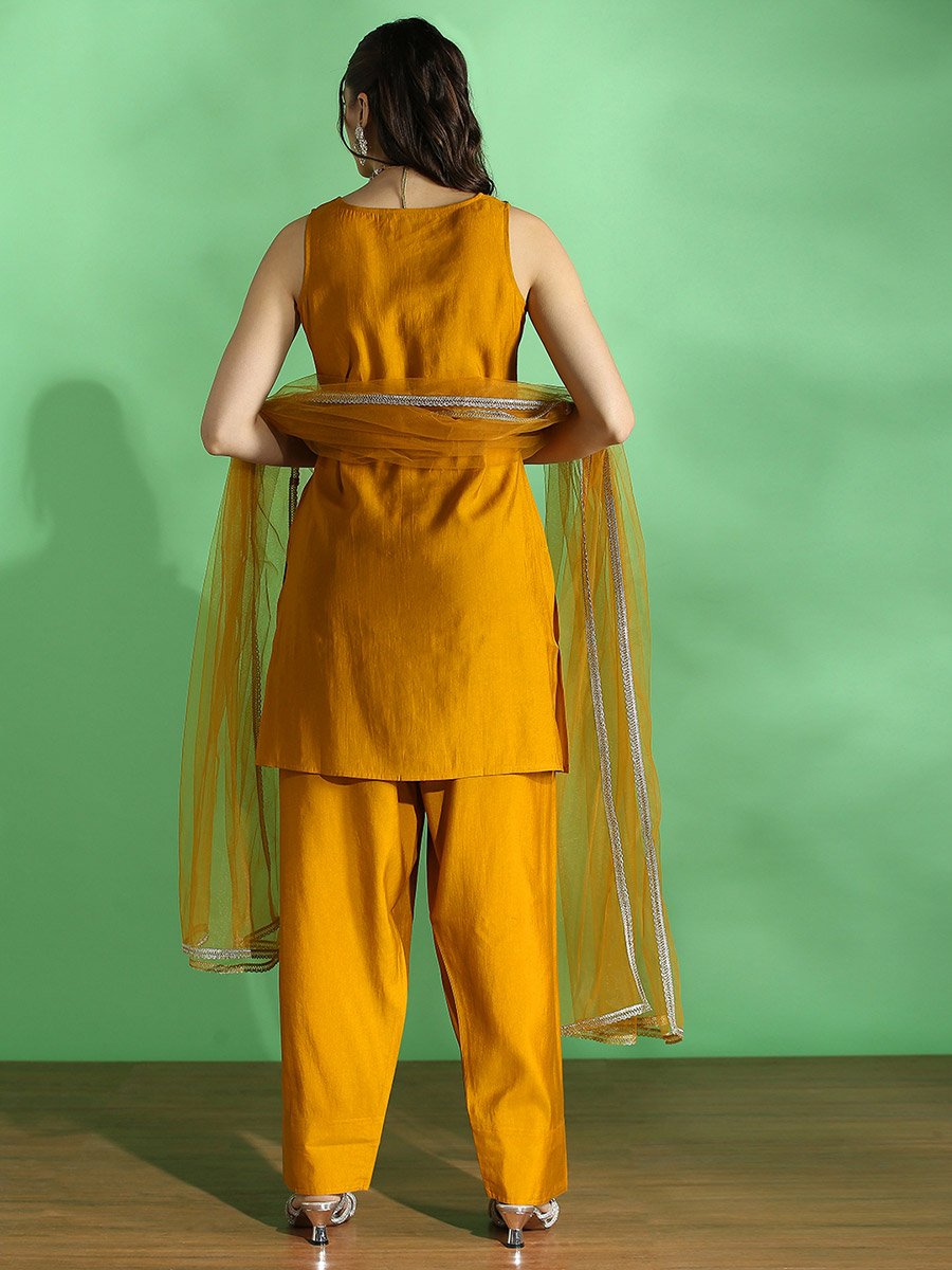Embroidered V Neck Kurta, Wide Leg Pants and Dupatta Set