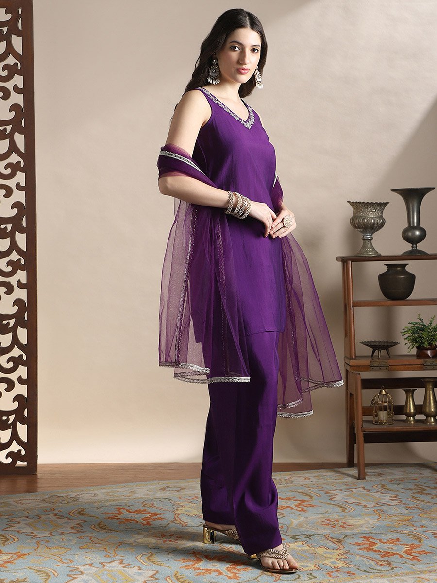 Zari Embroidered Sleeveless Kurti, Pants and Taping Dupatta Festive Set