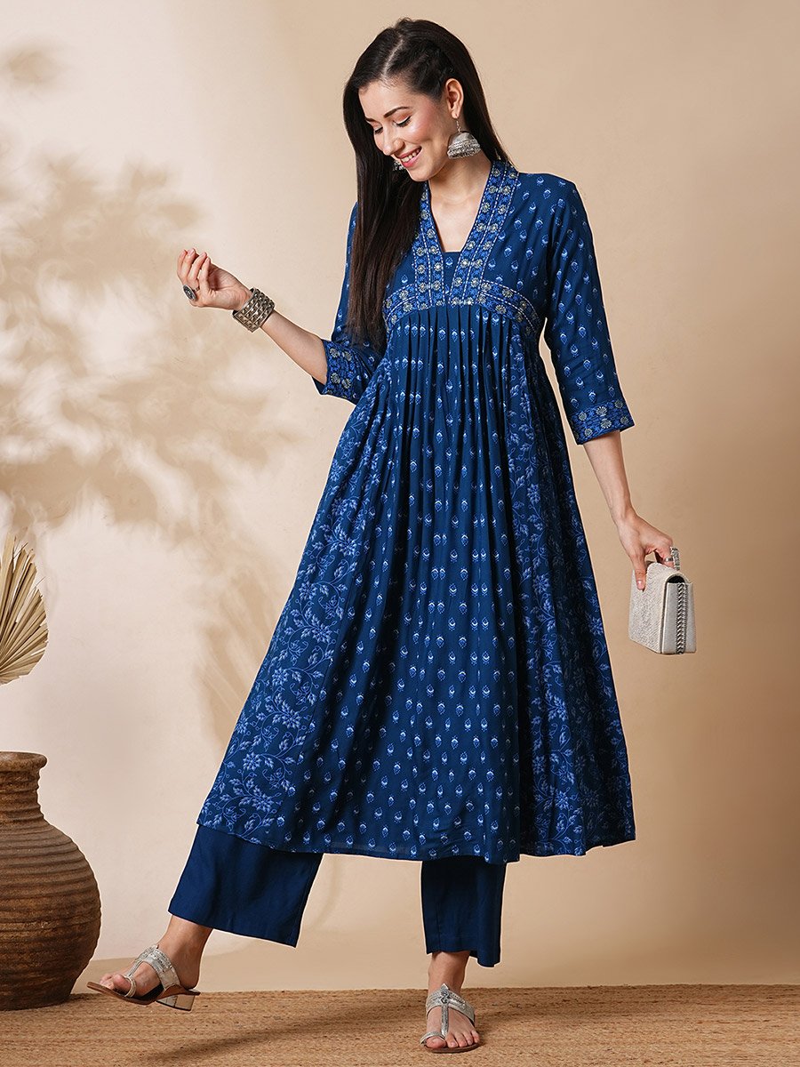 All Over Print Pleated A-Line Kurta and Pants Workwear Set