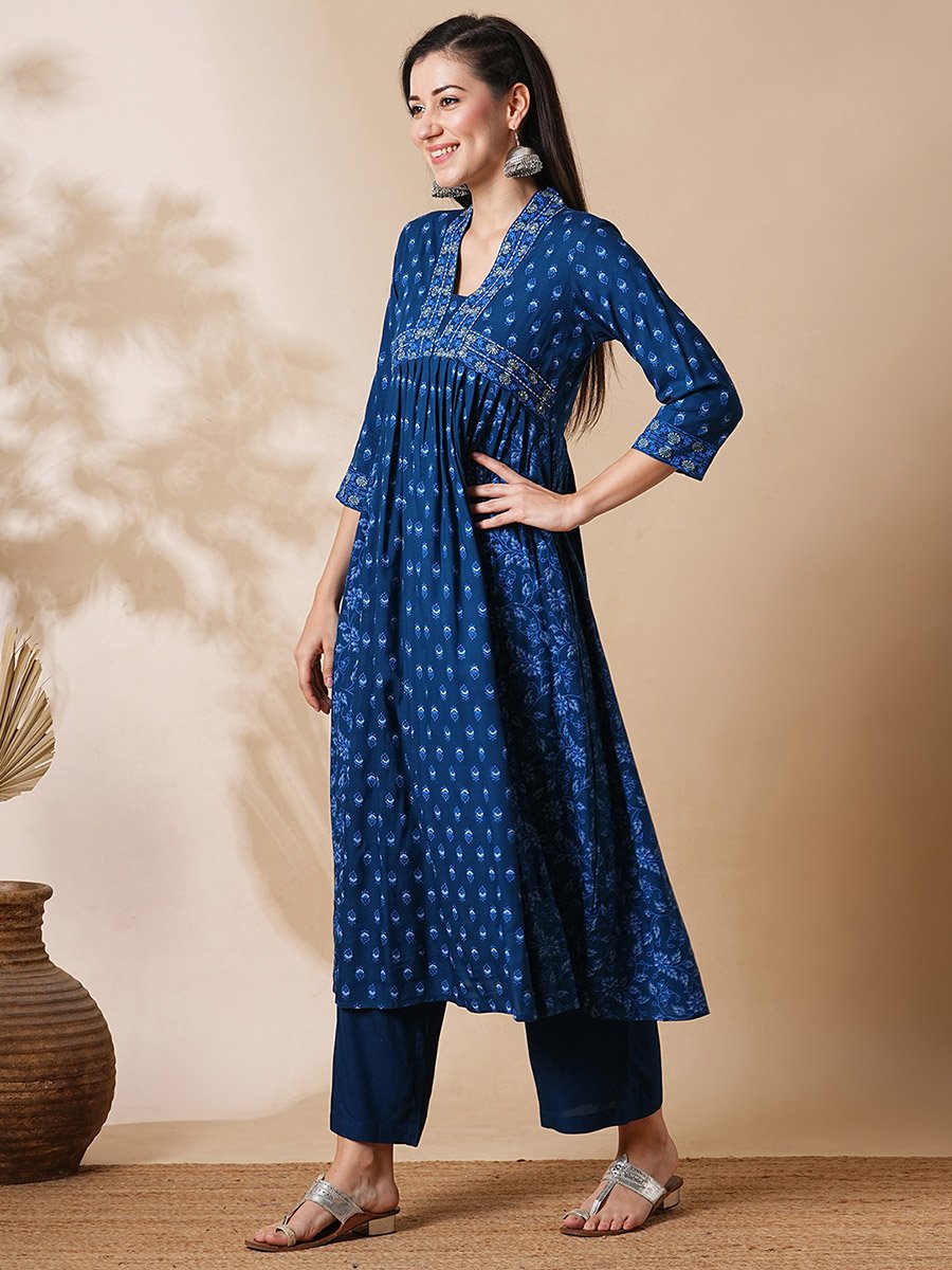 All Over Print Pleated A-Line Kurta and Pants Workwear Set