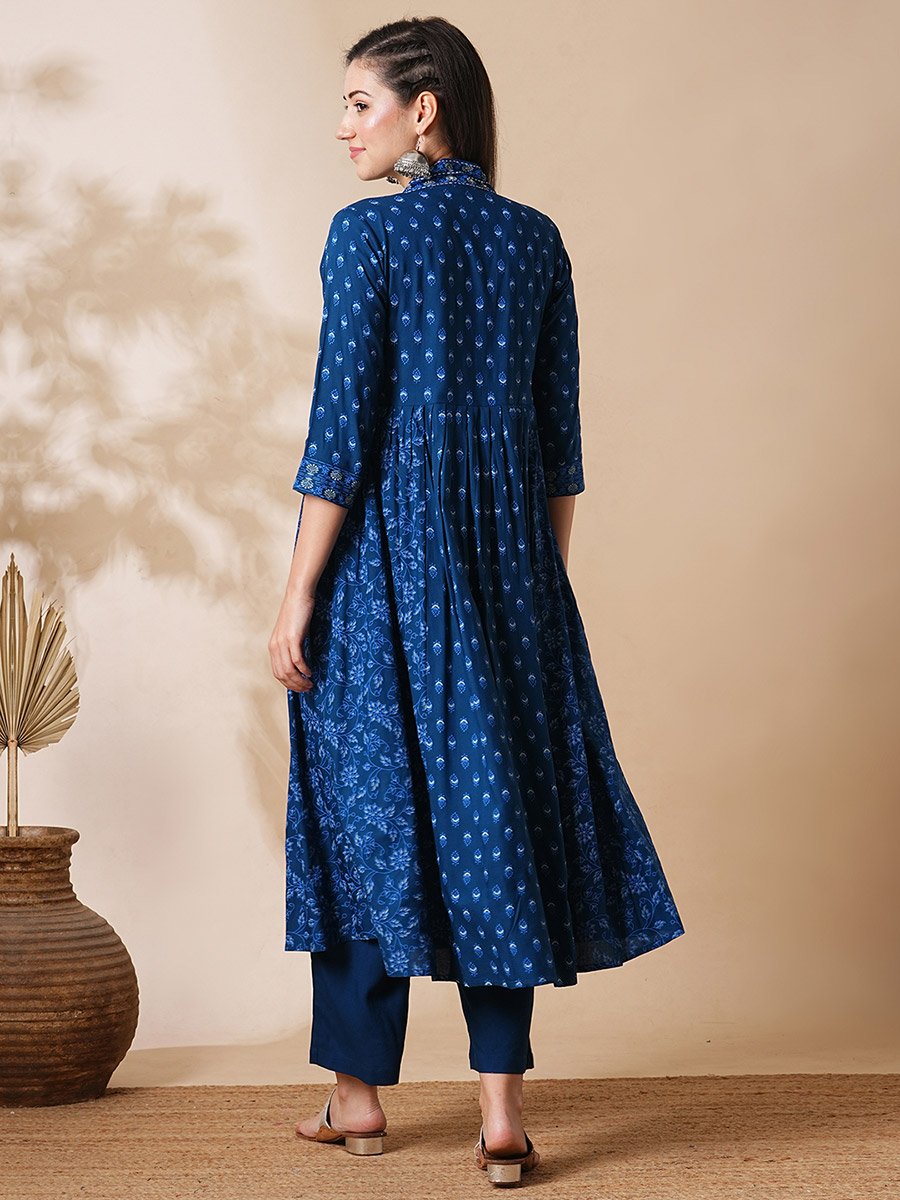 All Over Print Pleated A-Line Kurta and Pants Workwear Set