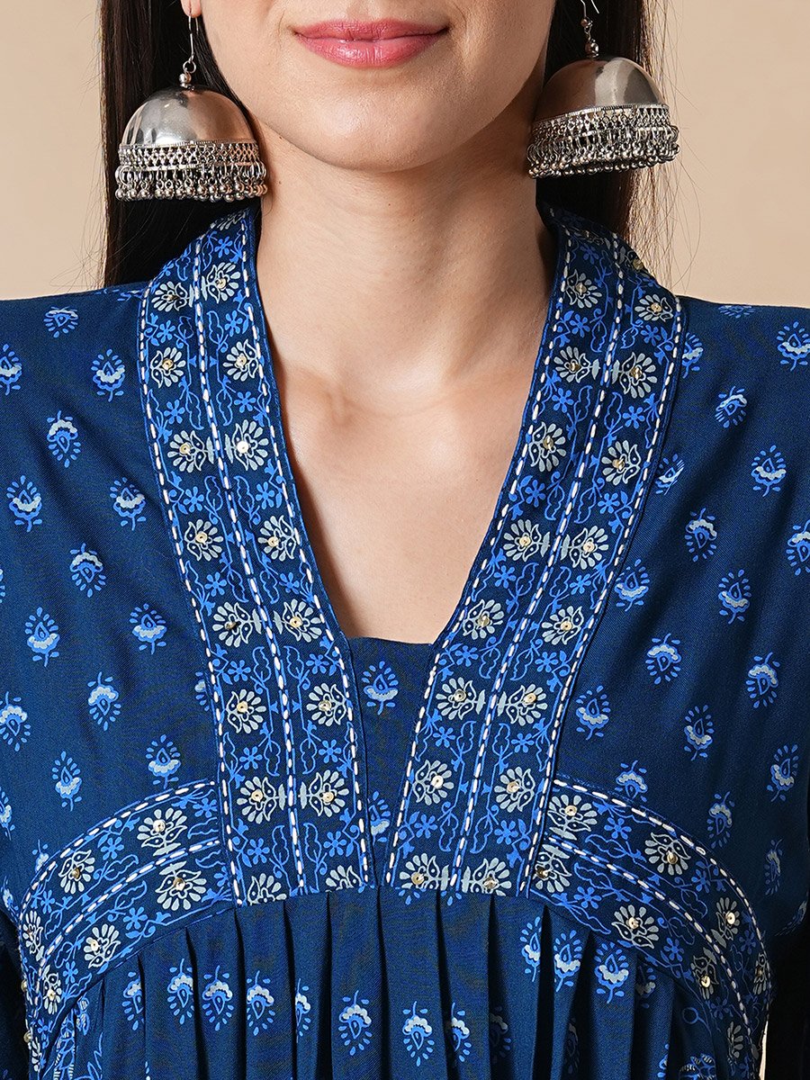 All Over Print Pleated A-Line Kurta and Pants Workwear Set