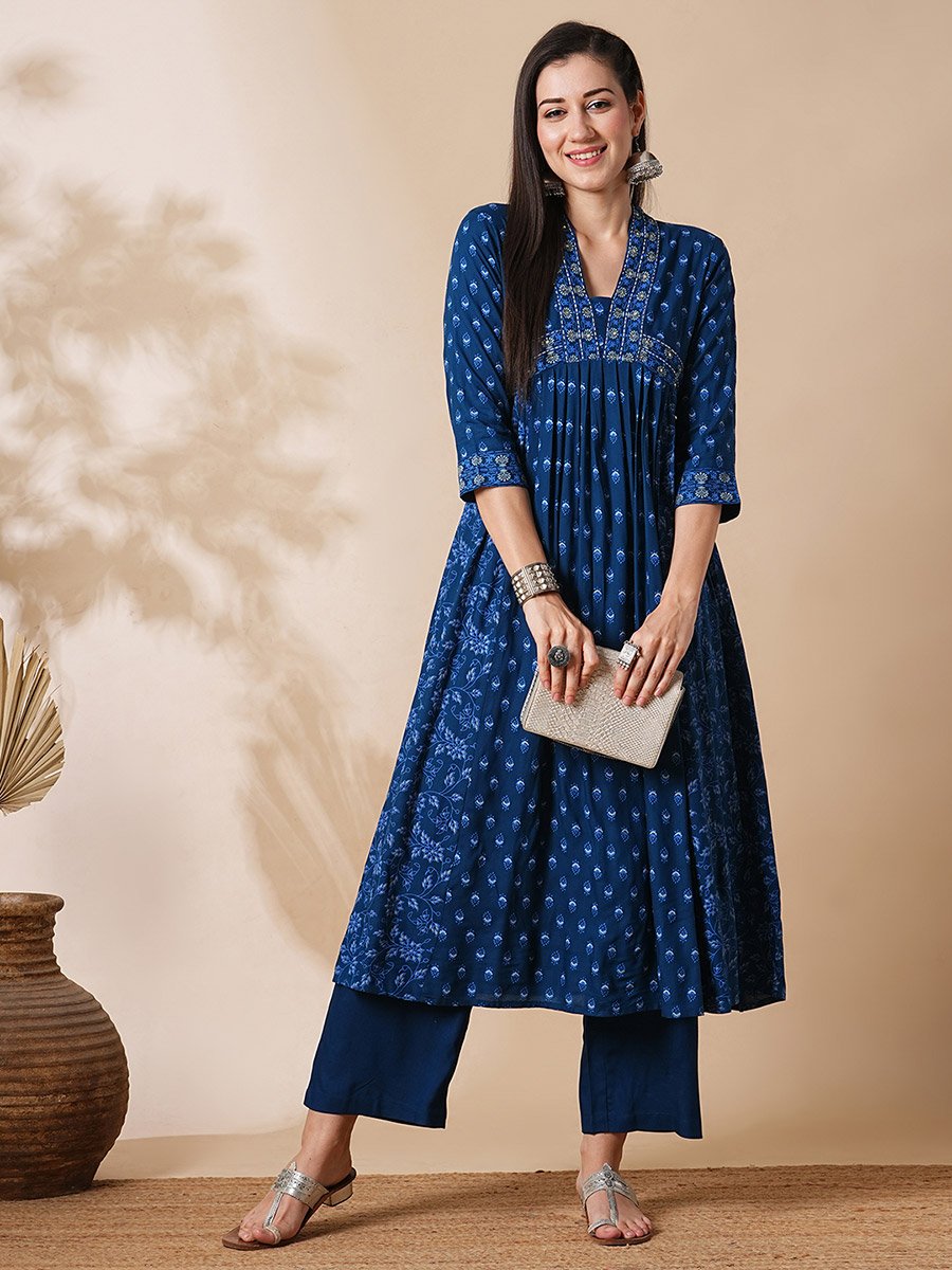 All Over Print Pleated A-Line Kurta and Pants Workwear Set