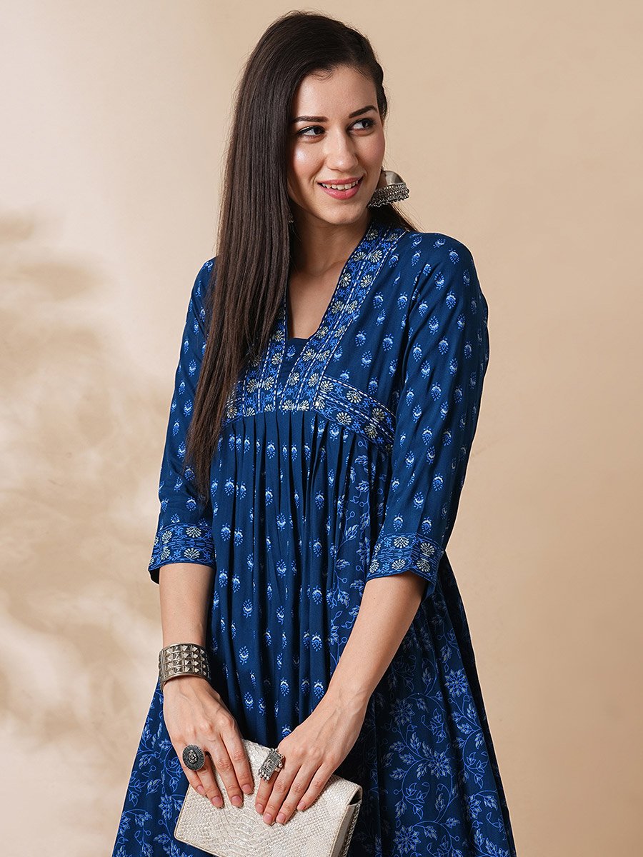 All Over Print Pleated A-Line Kurta and Pants Workwear Set