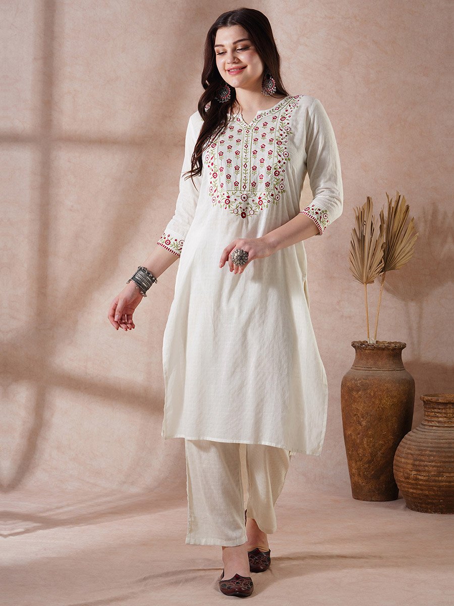 Floral Embroidered Yoke Straight Kurta and Pants Festive Set