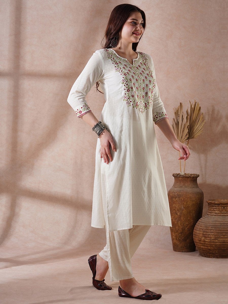 Floral Embroidered Yoke Straight Kurta and Pants Festive Set