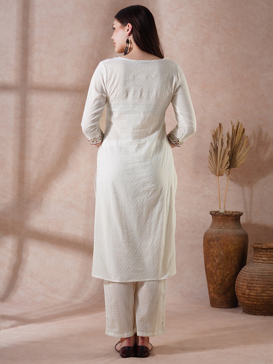 Floral Embroidered Yoke Straight Kurta and Pants Festive Set