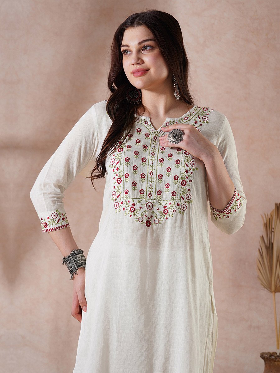 Floral Embroidered Yoke Straight Kurta and Pants Festive Set