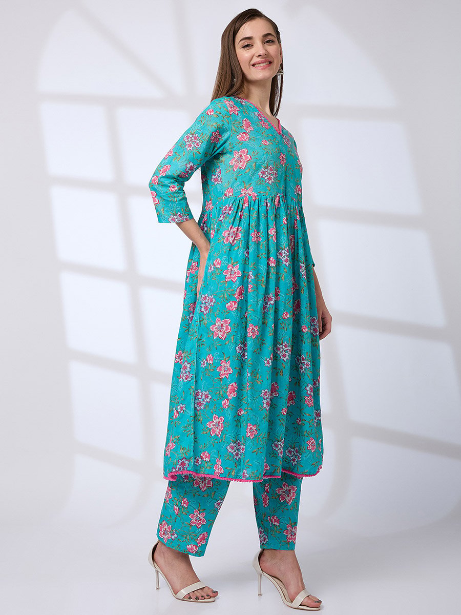 Pom Pom Lace Floral Print A-Line Kurta and Pants Workwear Set