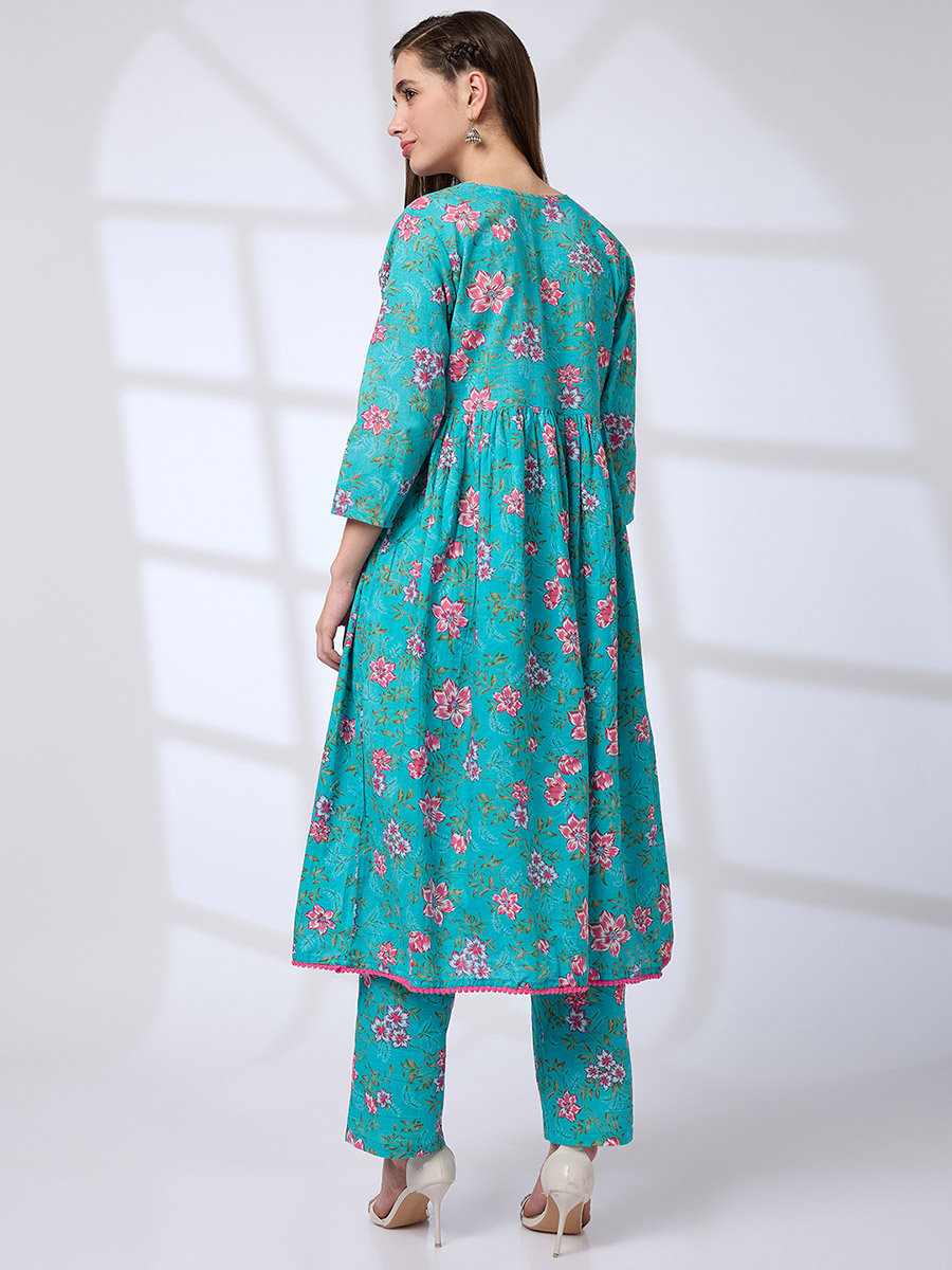 Pom Pom Lace Floral Print A-Line Kurta and Pants Workwear Set