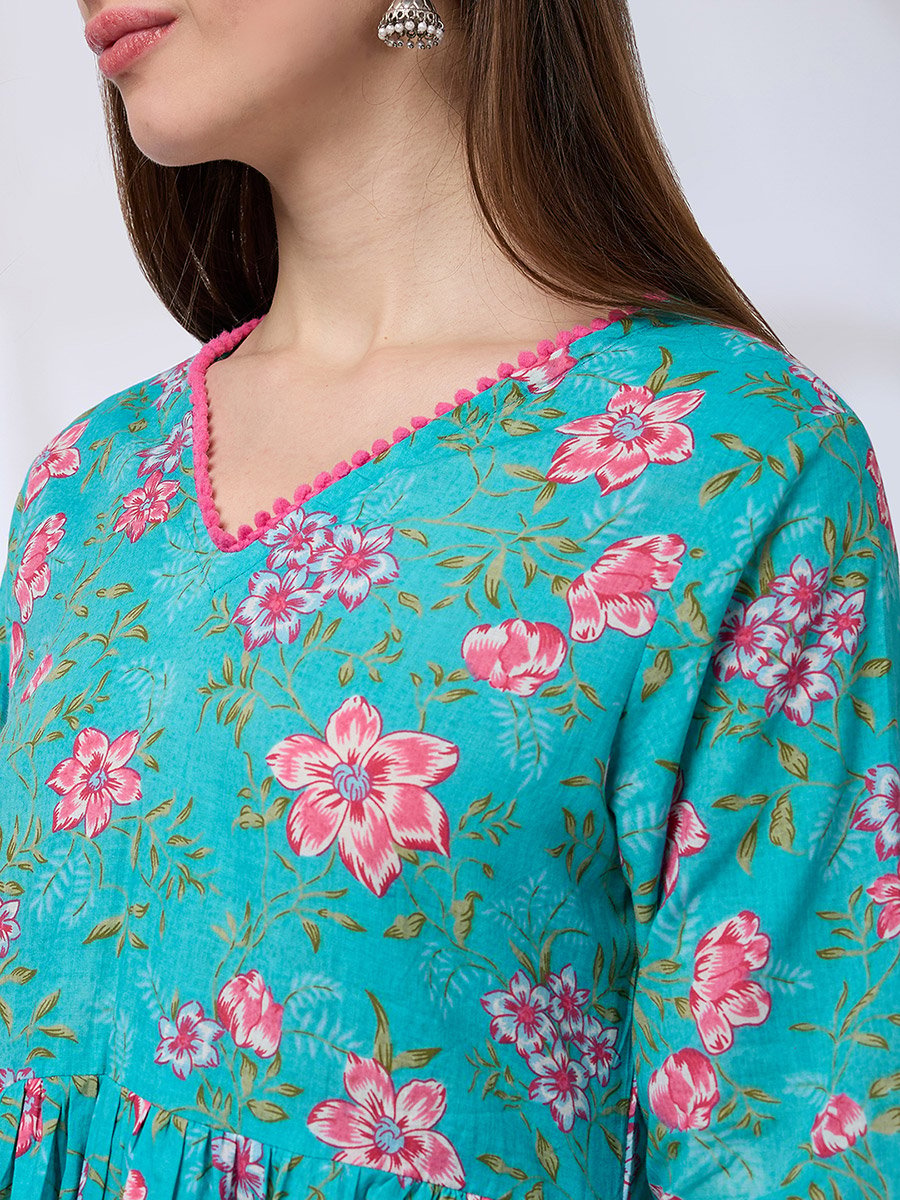 Pom Pom Lace Floral Print A-Line Kurta and Pants Workwear Set