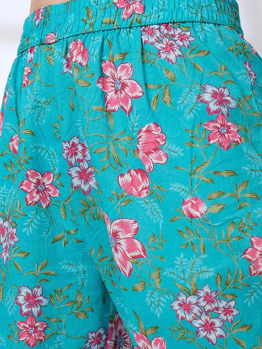 Pom Pom Lace Floral Print A-Line Kurta and Pants Workwear Set