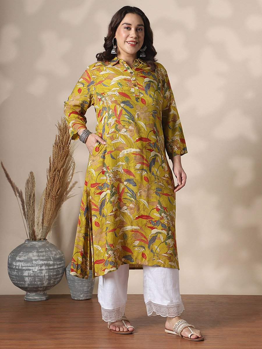 Plus Size Shirt Collar Gold Foil Floral Print Straight Kurta