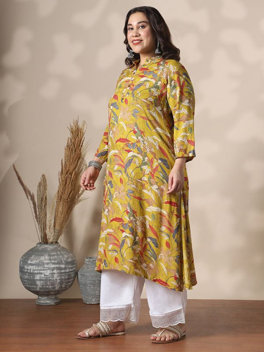 Plus Size Shirt Collar Gold Foil Floral Print Straight Kurta