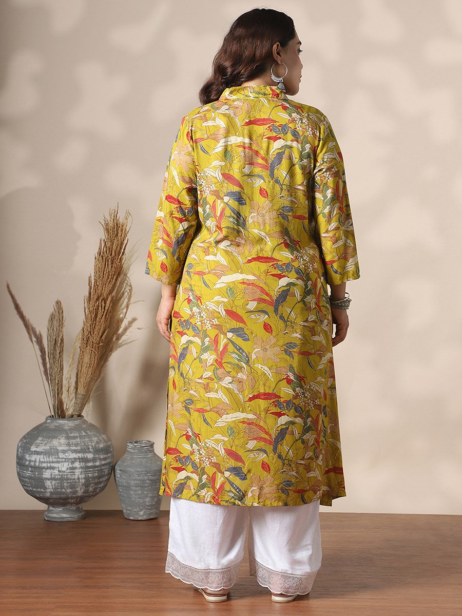 Plus Size Shirt Collar Gold Foil Floral Print Straight Kurta