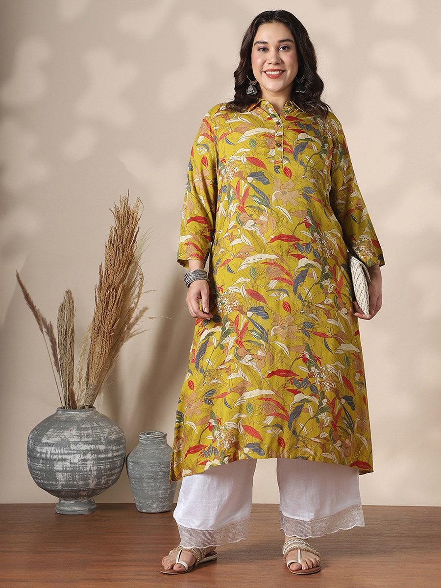 Plus Size Shirt Collar Gold Foil Floral Print Straight Kurta