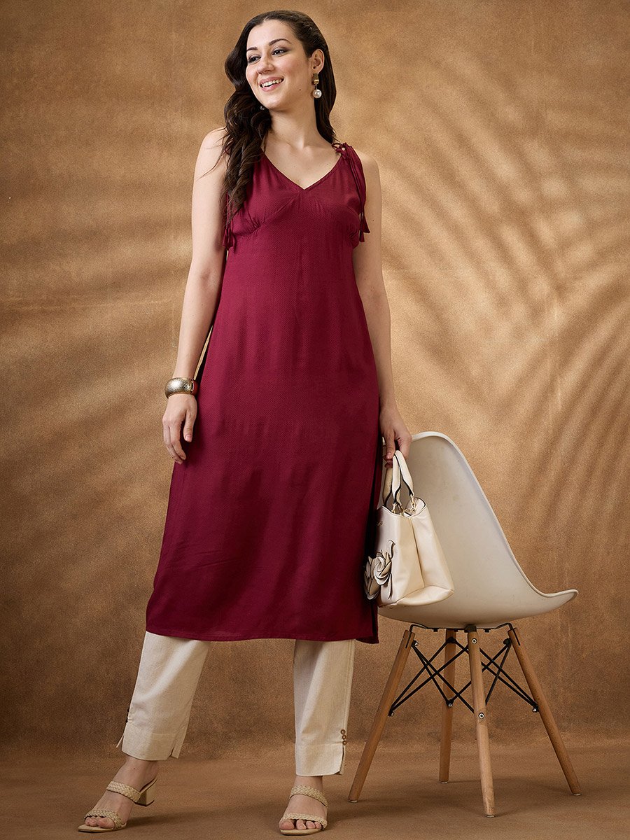 Woven Design Tie-Up Neck A-Line Fusion Kurta