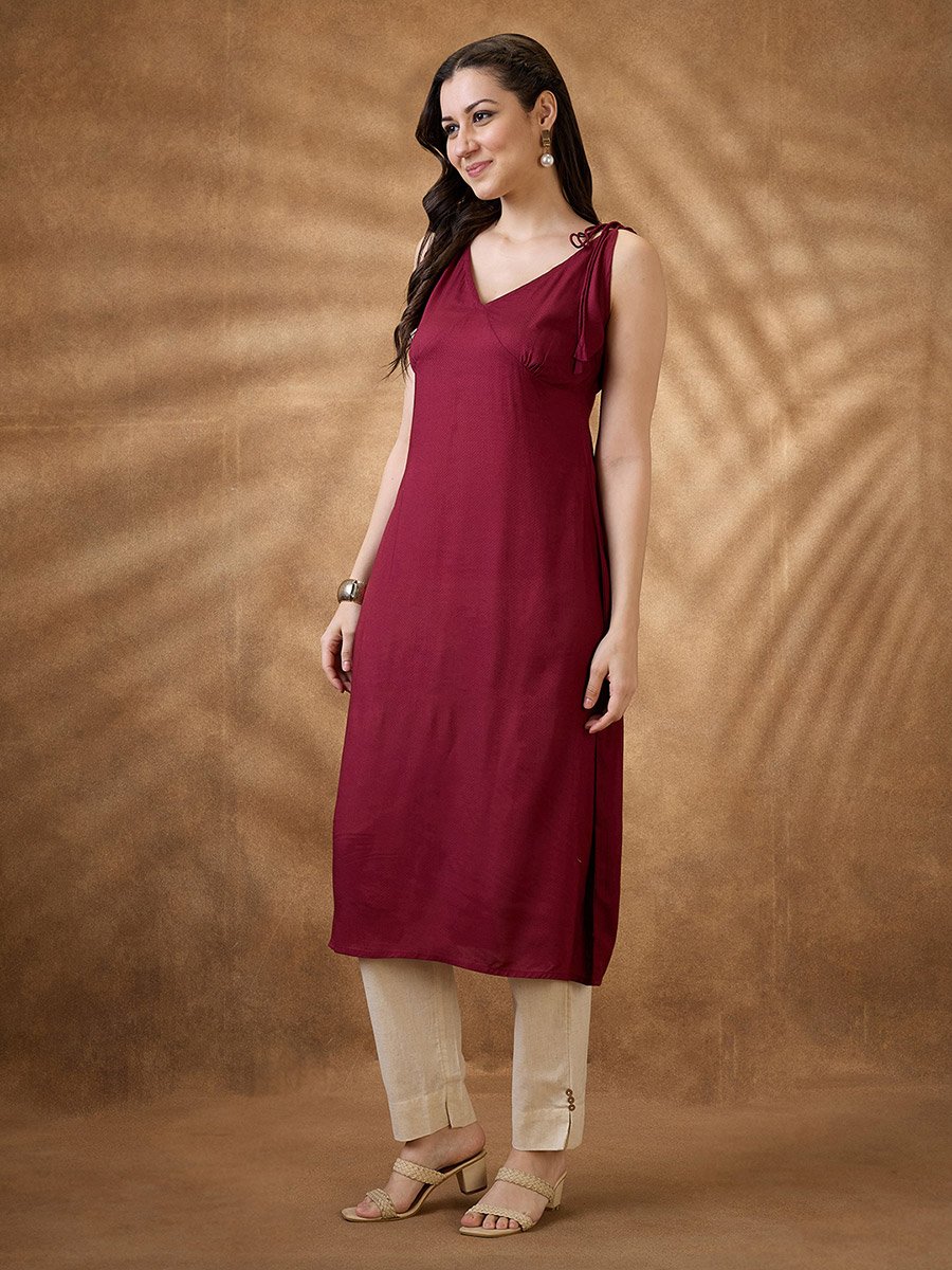Woven Design Tie-Up Neck A-Line Fusion Kurta