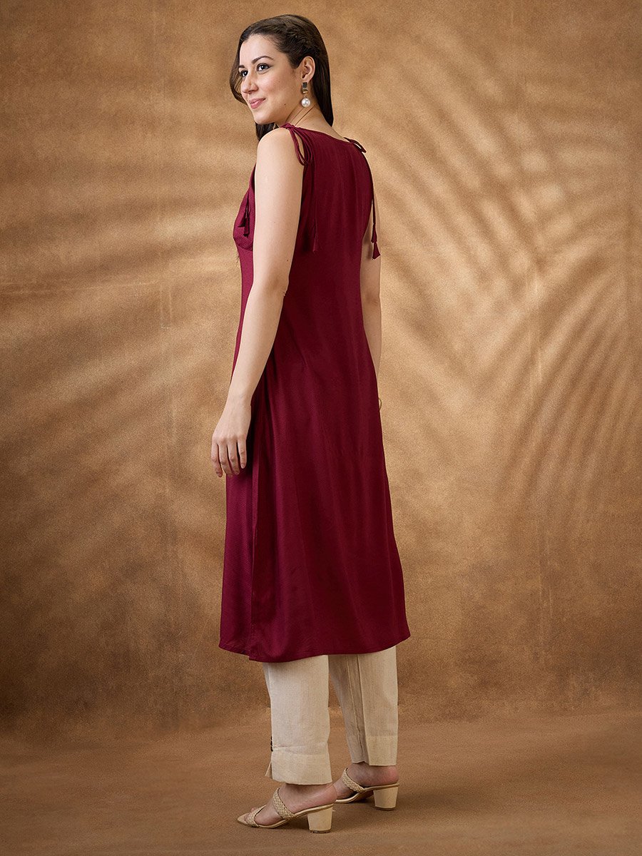 Woven Design Tie-Up Neck A-Line Fusion Kurta