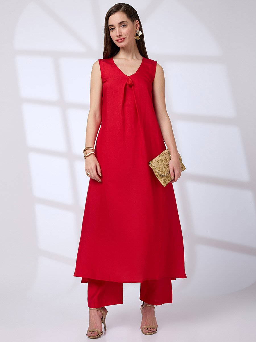 V Neck Tassel Detail A-Line Kurta and Straight Pants Fusion Set