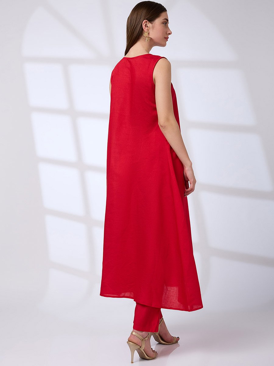 V Neck Tassel Detail A-Line Kurta and Straight Pants Fusion Set