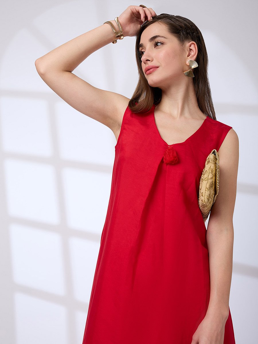 V Neck Tassel Detail A-Line Kurta and Straight Pants Fusion Set