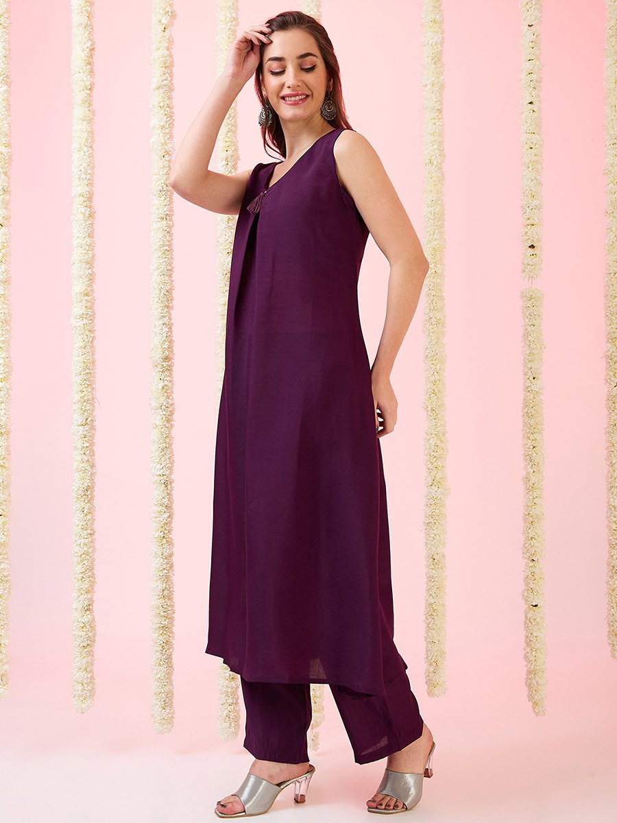 V Neck Tassel Detail A-Line Kurta and Straight Pants Fusion Set