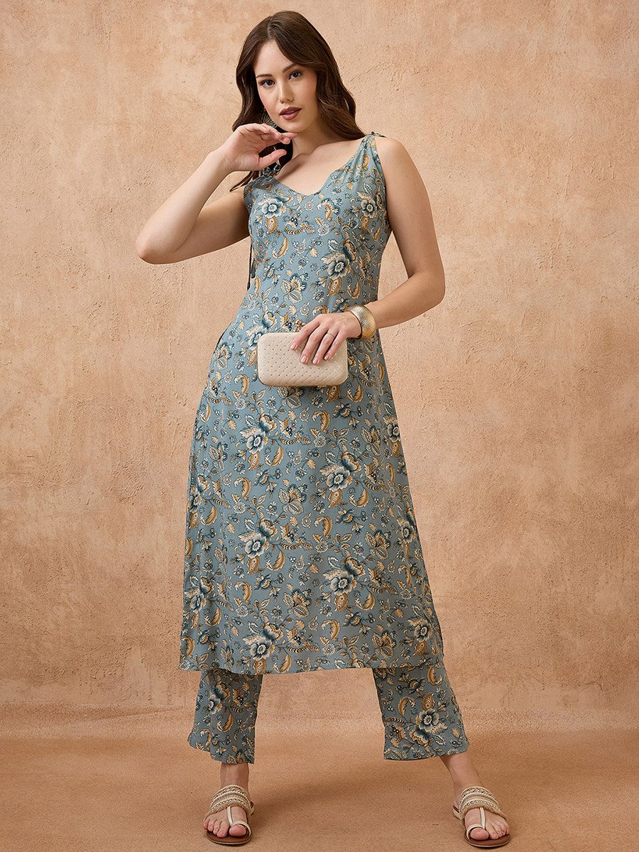 Floral Print Tie-Up Sleeves Kurta and Straight Pant Fusion Set