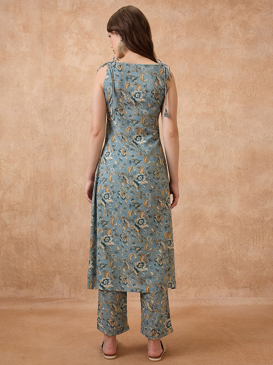 Floral Print Tie-Up Sleeves Kurta and Straight Pant Fusion Set