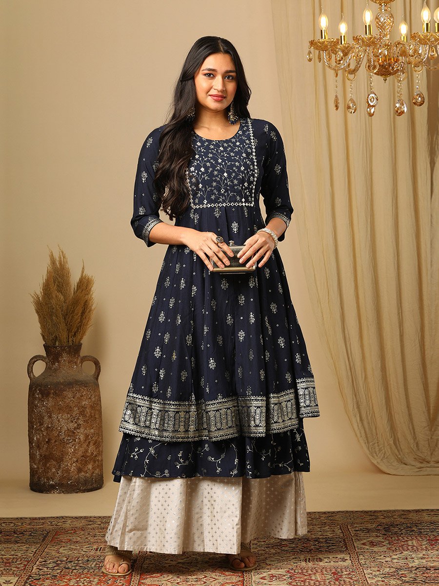Embroidered Sequined Yoke Foil Jaal Print Layered Anarakali Kurta