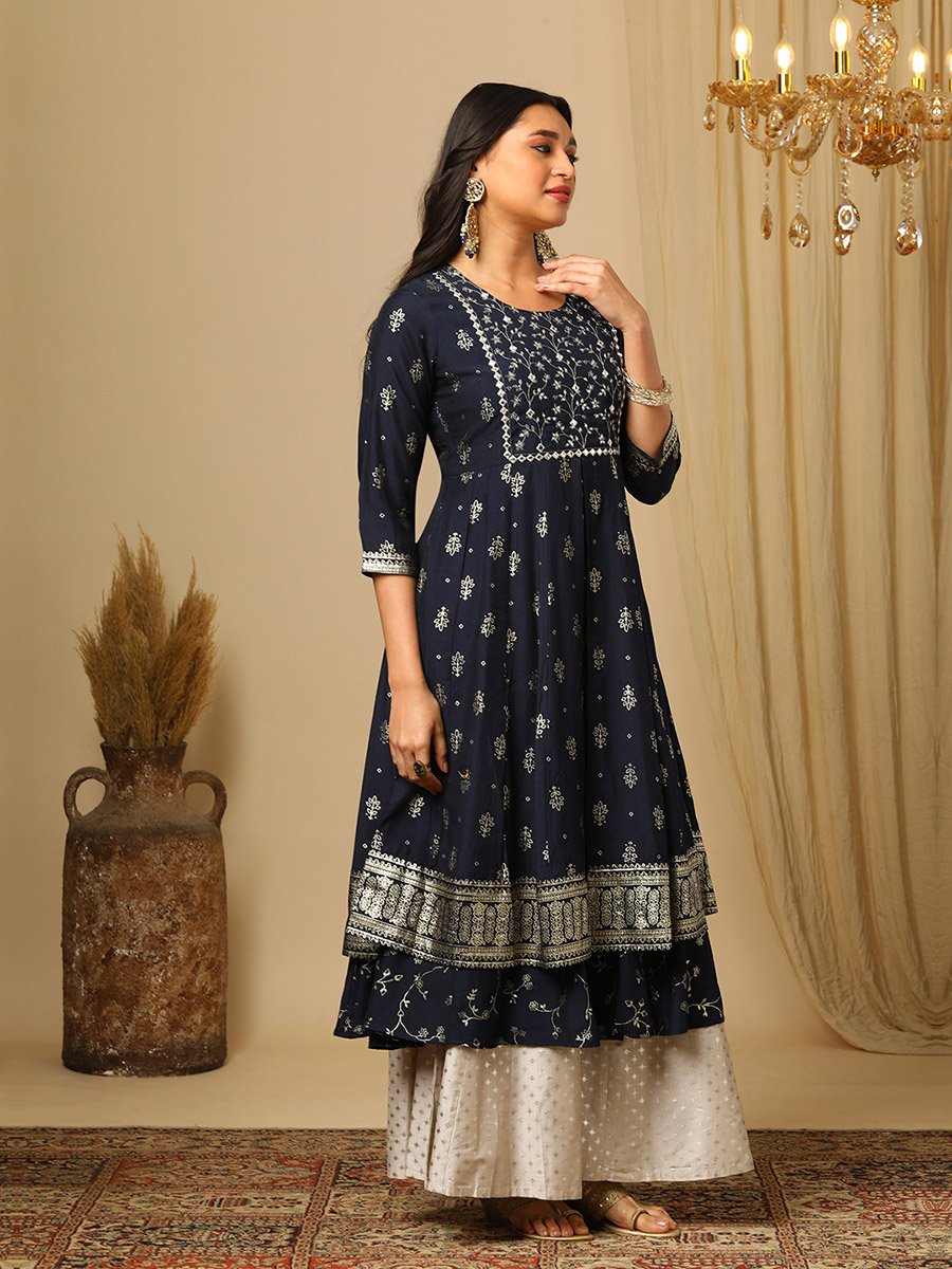 Embroidered Sequined Yoke Foil Jaal Print Layered Anarakali Kurta