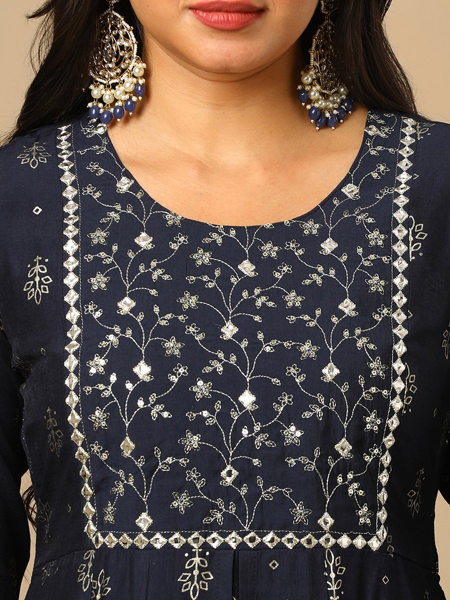 Embroidered Sequined Yoke Foil Jaal Print Layered Anarakali Kurta