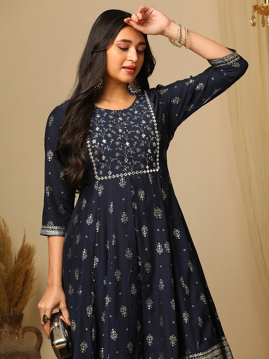 Embroidered Sequined Yoke Foil Jaal Print Layered Anarakali Kurta