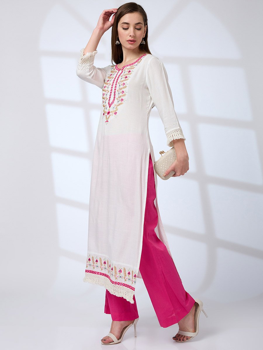 Floral Embroidered Yoke Crochet Detail Straight Festive Kurta