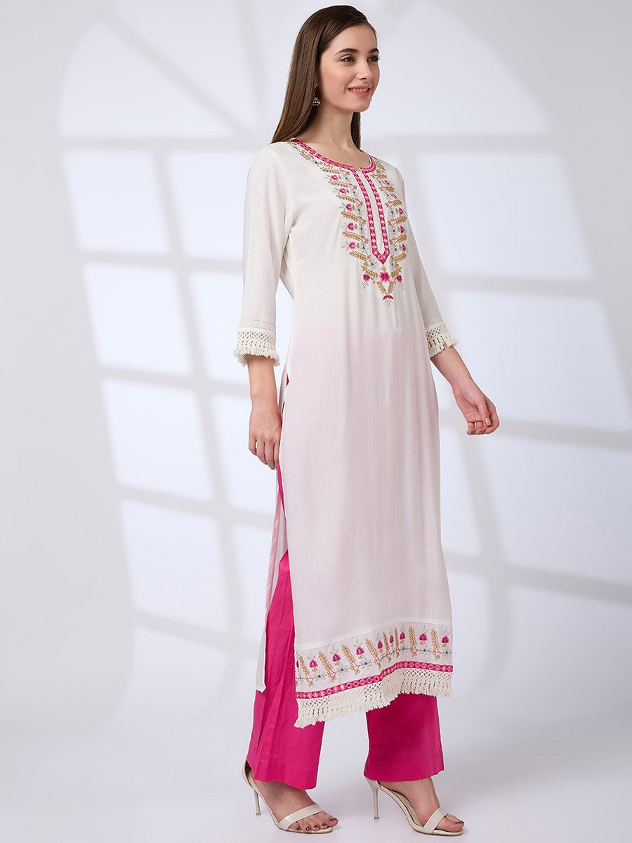 Floral Embroidered Yoke Crochet Detail Straight Festive Kurta