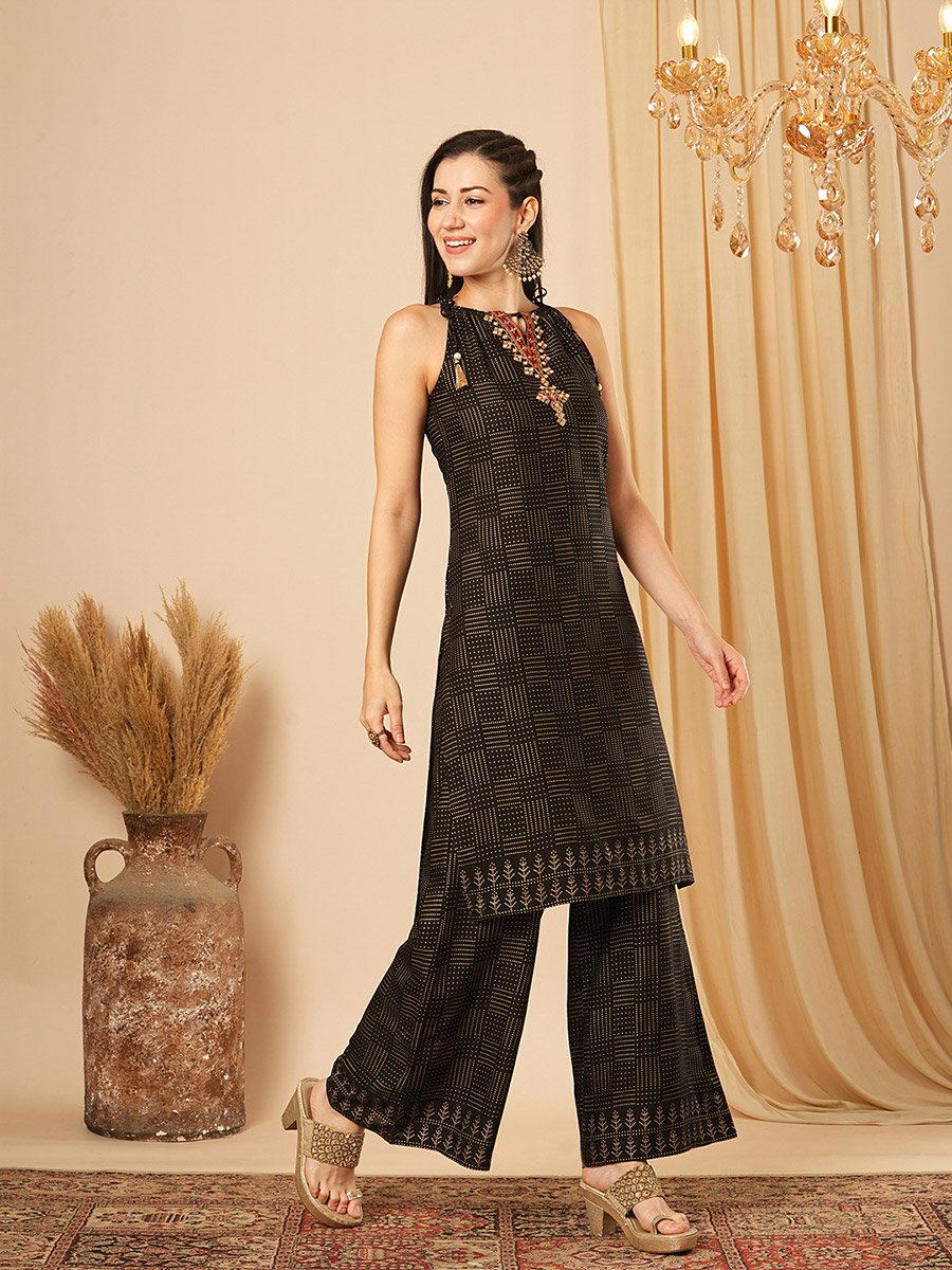Tie-Up Halter Keyhole Neck Embroidery Detail Straight Kurta and Palazzos Festive Set