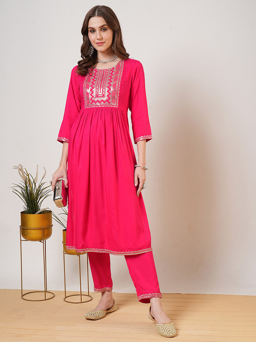 Zari and Sequined Yoke Gathered Kurta with Straight Pants Festive Set