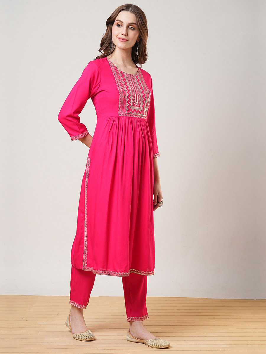 Zari and Sequined Yoke Gathered Kurta with Straight Pants Festive Set