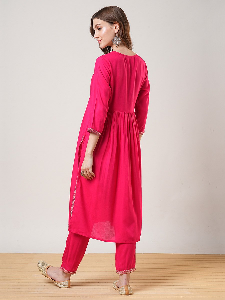 Zari and Sequined Yoke Gathered Kurta with Straight Pants Festive Set